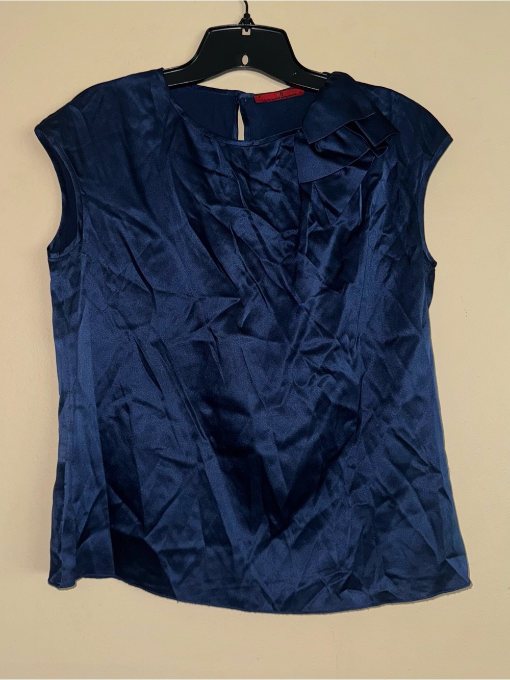 Carolina Herrera CH Navy Blue Silk Stretch Bow Blouse Top Size 8